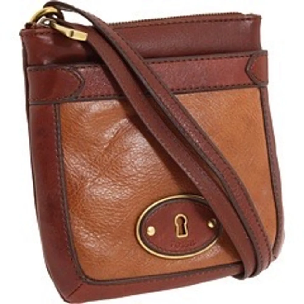 Women's Fossil Vintage Two-Tone Cognac Tan Leather Crossbody Bag Small‎ Size